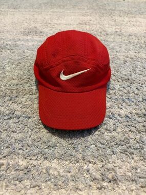 Vintage 90s Nike 5 Panel Hat Mesh Camp Cap Red White Swoosh Clip Strap Made in T
